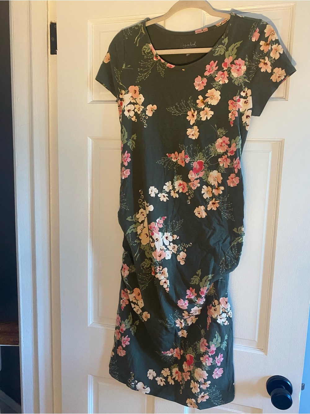 Ingrid & Isabel Maternity Olive Green Floral Midi Dress with Pink & Cream Blooms